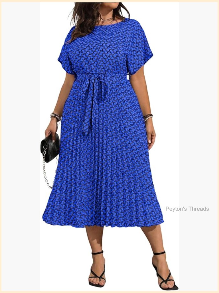 Plus Size Midi Dress Dolman Sleeve Pleated A Line Work Dress